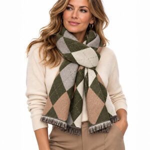 olive green argyle scarf with camel and cream