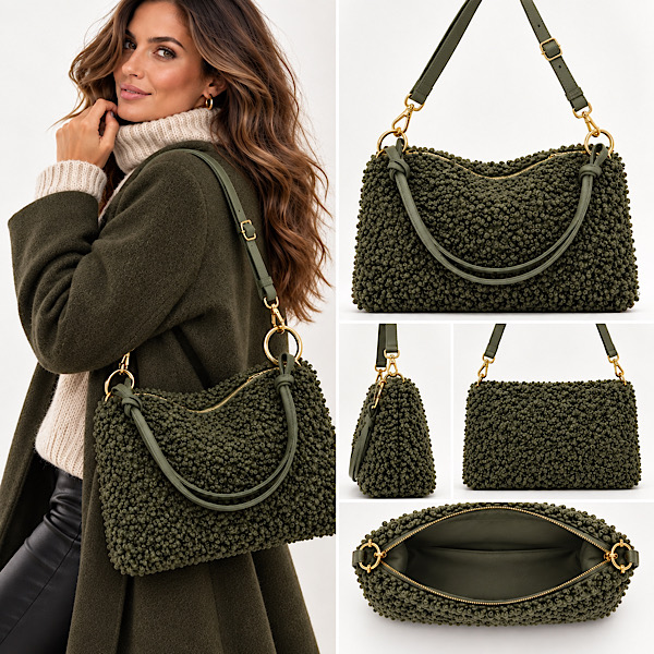 green bouclé shoulder bag with gold-tone hardware. green bouclé shoulder bag interior and zip closure.