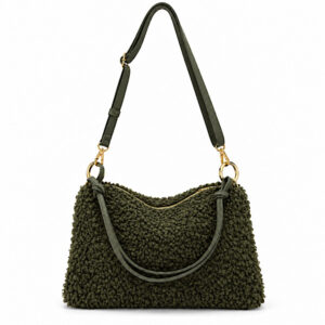 green bouclé shoulder bag with leather strap