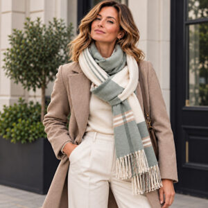 cashmere blend tartan scarf in sage green and cream