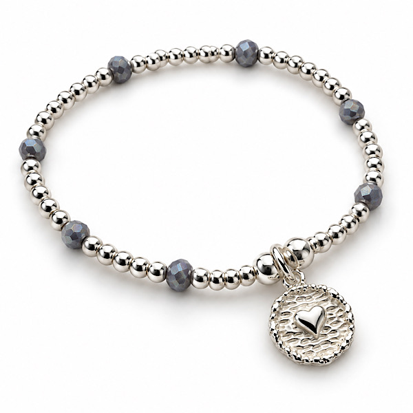 silver heart bead bracelet with grey crystals