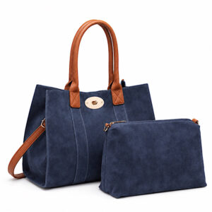 navy faux suede tote bag with tan details