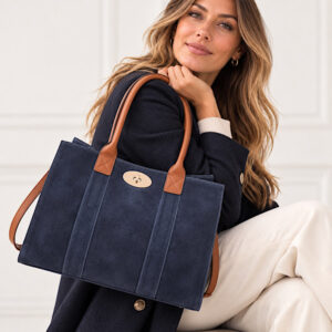navy and tan tote bag for women
