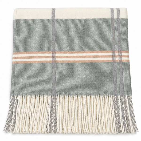 sage green and cream tartan scarf with tassels