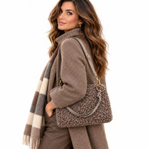 taupe textured shoulder bag with leather straps