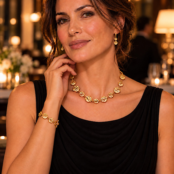 gold textured disc necklace with matching bracelet and earrings