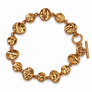 gold hammered disc bracelet with T-bar fastening