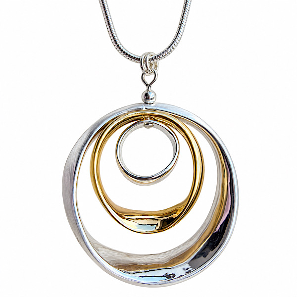 silver plated long pendant necklace with gold-tone inner circle