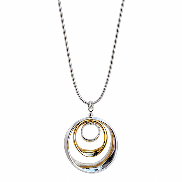 silver plated long pendant necklace with gold-tone inner circle