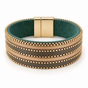 green magnetic cuff bracelet with taupe and gold detail
