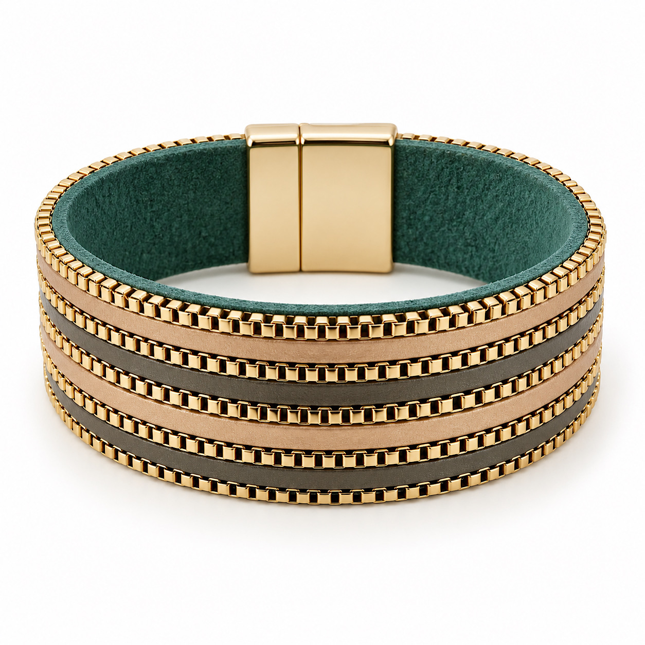 green magnetic cuff bracelet with taupe and gold detail