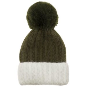 khaki bobble hat with cream turn-up