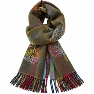 olive green tree scarf with multicolour print